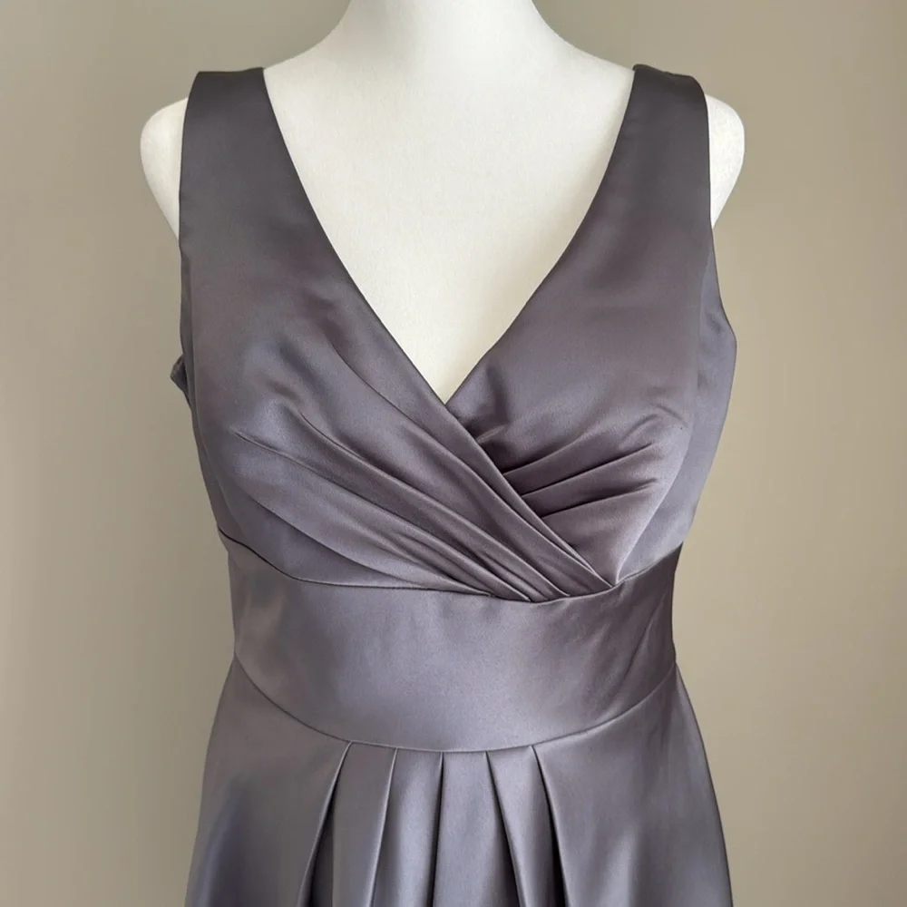 Bill Levkoff Dress Size 14 Satin Gray Charcoal Gunmetal V Neck Knee Length - Picture 4 of 8